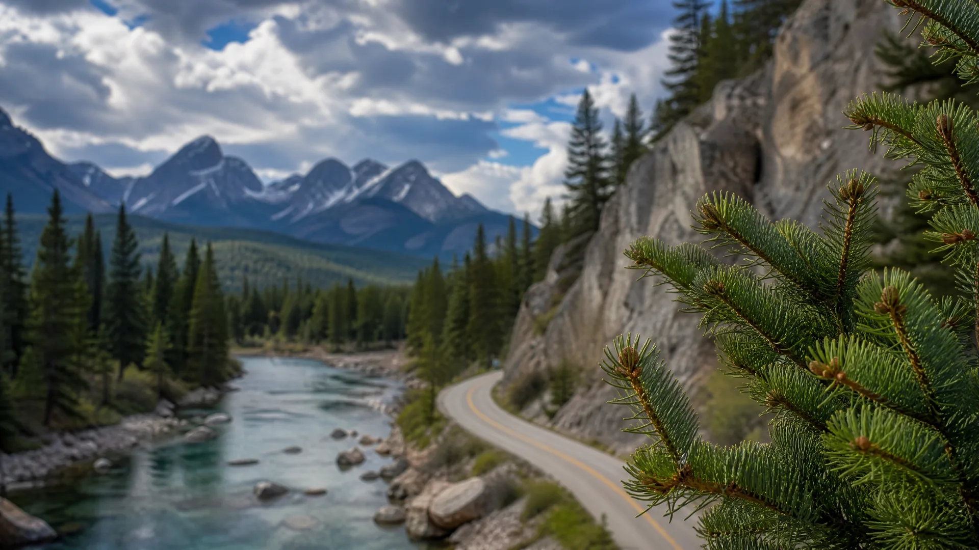 A curving two-lane road with a yellow center line runs beside a rocky cliff and a turquoise river lined with conifer forest, with snow-streaked mountains and cloudy sky in the distance and spruce branches in the right foreground.