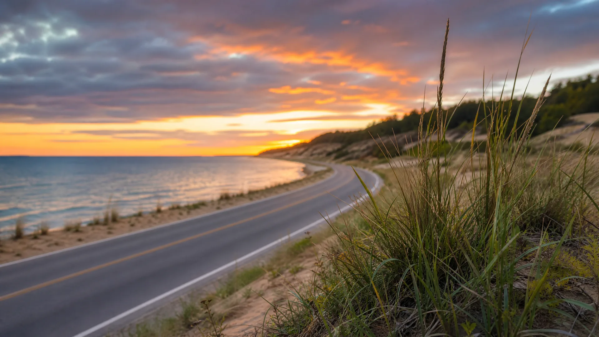 A two-lane paved road curves along a sandy, grass-covered bluff beside a large body of water at sunset, with orange and purple clouds overhead.