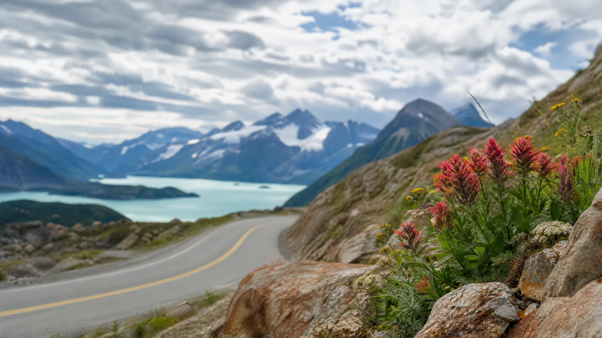 Red and yellow wildflowers on a rocky slope in the foreground, with a curving paved road, a pale turquoise lake and snow-streaked mountains under a cloudy sky behind.