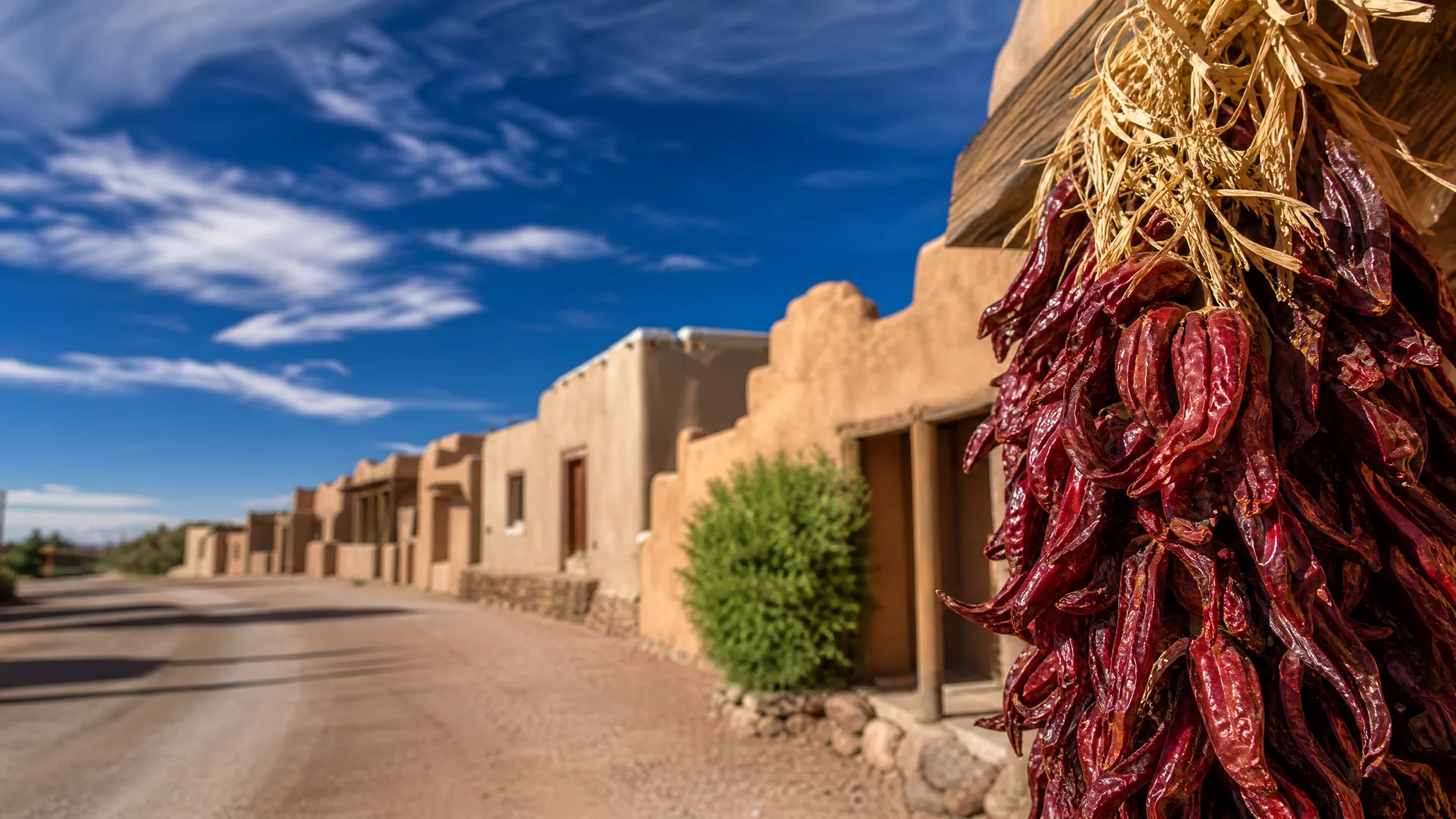 Bundles of dried red chile peppers hang in the right foreground beside a row of tan adobe-style buildings along an unpaved road under a blue sky with thin clouds.