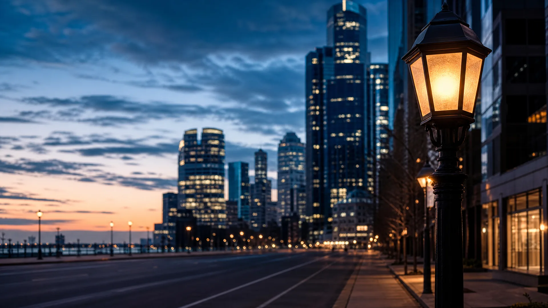 An illuminated ornate street lamp in the foreground beside an empty multi-lane road at dusk, with a blurred skyline of lit high-rise buildings and a water's edge in the background.