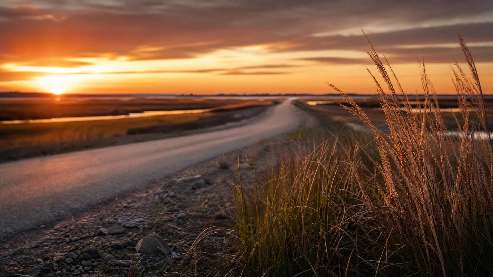 A narrow paved road curves through flat marshy grassland toward the horizon at sunset, with tall dry grasses in sharp focus in the right foreground and an orange sky above.
