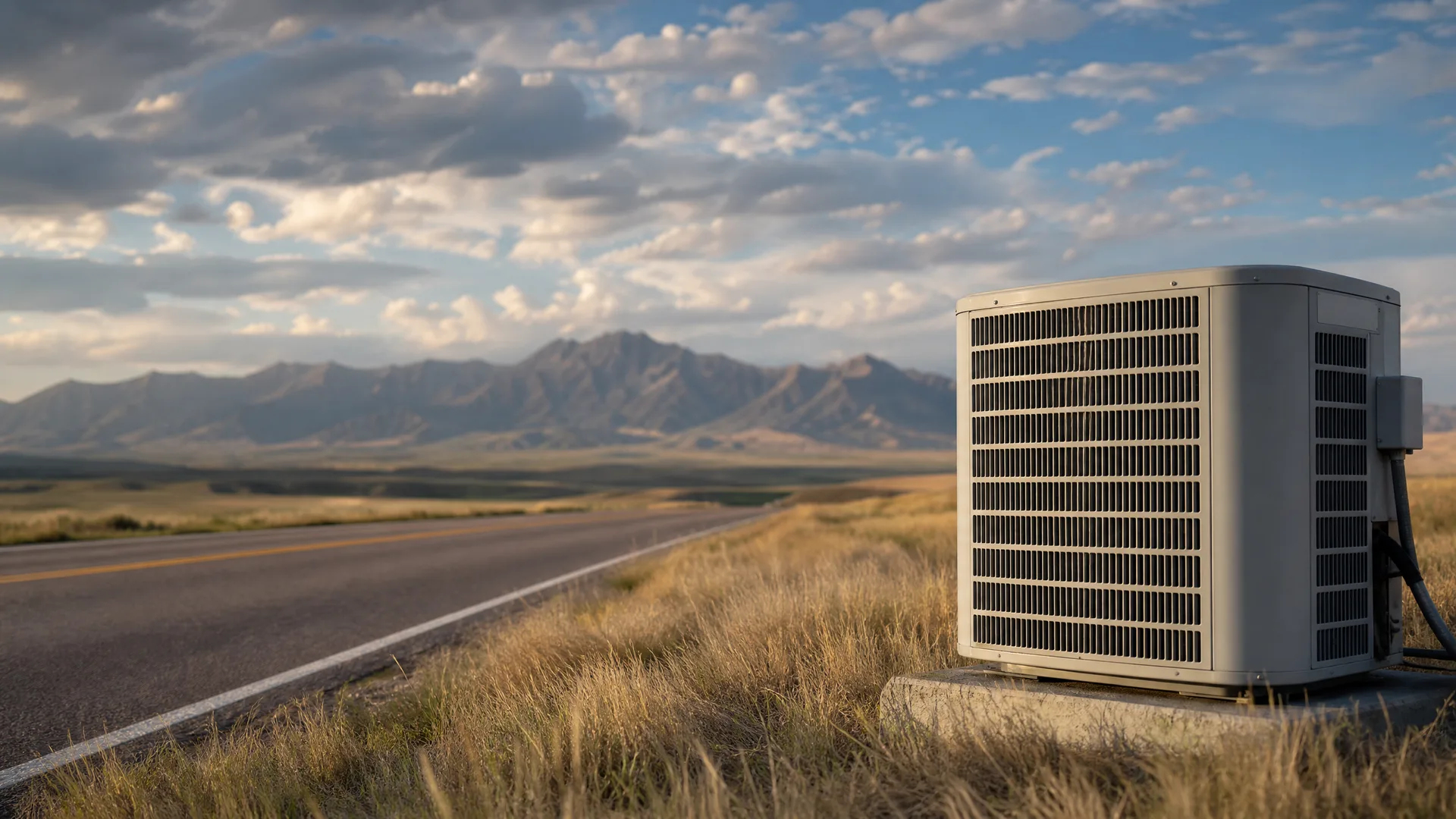 An outdoor air conditioning condenser unit on a concrete pad in dry grass beside a two-lane road, with mountains and a partly cloudy sky in the background.